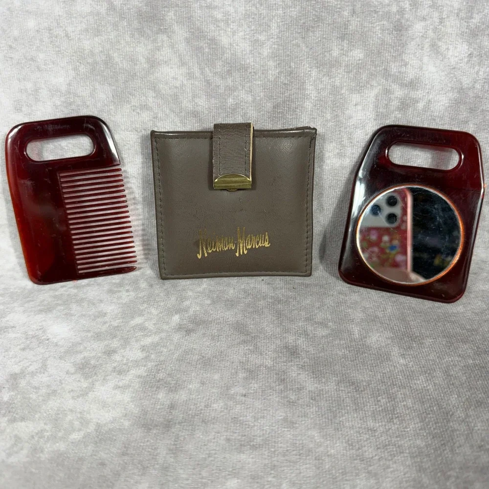 Vtg Neiman Marcus Faux Tortoise Comb & Mirror Travel Set Brown Leather Pouch MCM